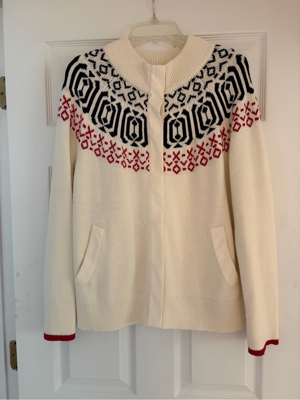 Talbots Classic Ivory Fair Isle Cardigan Sweater with Red & Black Detail